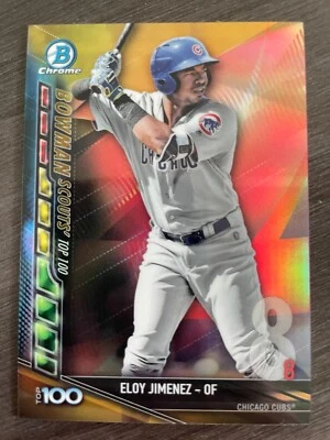 2017 Bowman Chrome Eloy Jimenez Scout Top 100 Prospect Gold Refractor serial /50 - Image 1 of 2