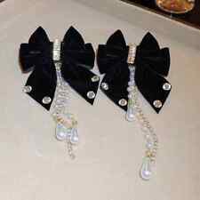 Black Cloth Bow Full Rhinestone Tassel Earrings  Women's Fashion  Bead Jewelry