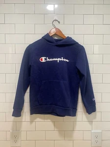Champion Hoodie Girls Medium Navy Blue Fleece Long Sleeve Kangaroo Pockets Logo - Picture 1 of 5