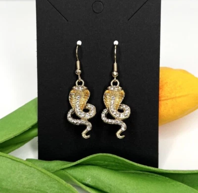 Handmade snake cobra rhinestone enamel charm earrings gold costume jewelry - Image 1 of 4