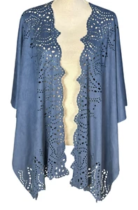 Chicos Ruana Wickel One Size blau perforiert Boho Western Staubtuch Kimono Lagenlook - Bild 1 von 10