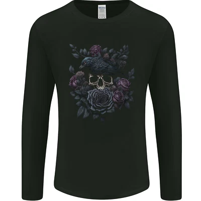 Crow & Skull With Flowers Gothic Goth Raven Mens Long Sleeve T-Shirt — 第 1/2 张图片