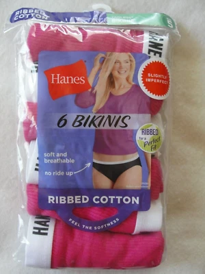 6 Pair Womens Hanes Ribbed Cotton Bikini Panties - Size 5 (S)  - New in Package - Image 1 of 2