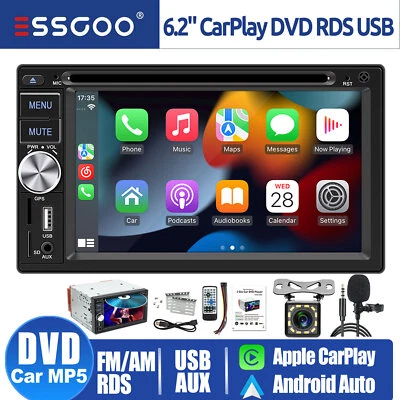 6.2" Car DVD Radio Apple/Android Carplay Car Stereo Touch Screen Double Din +Cam - Image 1 of 4