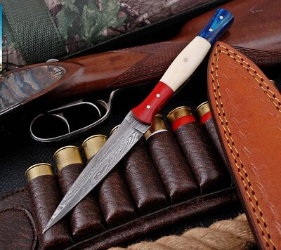 Cuchillo de bota de combate de doble filo daga de Damasco hecho a mano mango de bandera espiga completa Foto 1 de 4