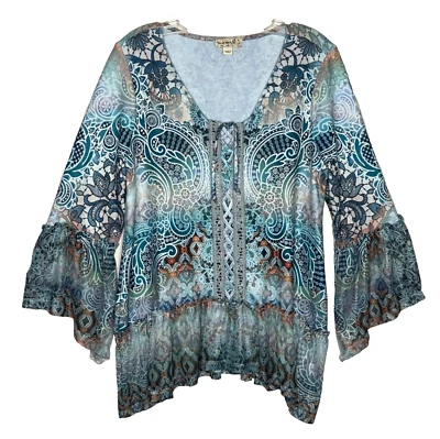 One World Paisley Boho Tunic Top Womens M Blue Ruffle Mesh Hem Bell Sleeves - Image 1 of 4