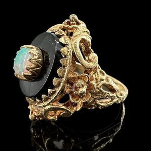 Anillo ornamentado ópalo ónix negro oro amarillo macizo 14k talla 6,75 8,1 gramos - Imagen 1 de 13