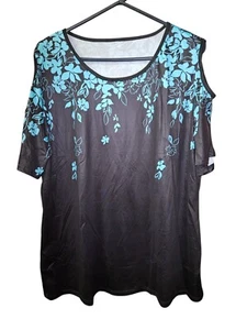 Black and Teal Round Neck Cold Shoulder S/S Top Shirt  - Size 22 - Picture 1 of 3