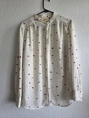 Faded Glory Top Size L  Womens Tunic Button Down Polka Dot Band Collar Kiss Lip - Image 1 of 4