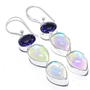 Triple Fire Opal, Amethyst Gemstone 925 Sterling Silver Jewelry Earrings - Picture 1 of 5