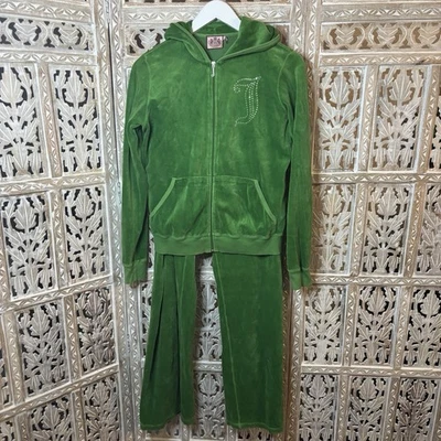 Conjunto de chándal vintage de terciopelo Y2K Juicy Couture verde con capucha pantalones pedrería XL Foto 1 de 4