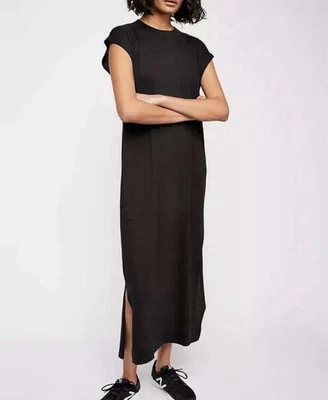 Free People Beach Negro Todo el Día Largo Midi Camiseta Vestido Bolsillos TALLA PEQUEÑA Foto 1 de 4