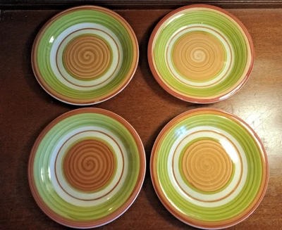 Pier 1 Imports VALENCIA Platos de Ensalada Gres Naranja Verde Remolino ~ Juego de 4 Foto 1 de 3