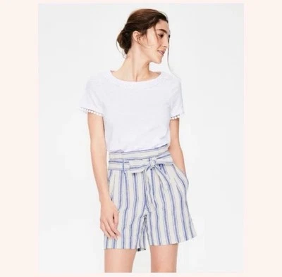 Boden St Ives Paperbag Shorts white blue stripe linen cotton blend sz 6 hi rise - Image 1 of 4