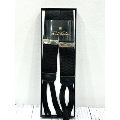 NIB Brooks Brothers Mens Solid Black Suspenders Leather Silver Toned Adjustable - Image 1 of 4