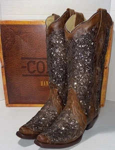 SCHWARZ GLITZER-INLAY BLUMEN OVERLAY MIT KRISTALLEN & NIETEN SNIP TOE COGNAC STIEFEL - Bild 1 von 14