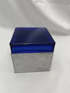 Vintage Design Ideas By Hardy 1996 Metal Trinket Jar With Cobalt Blue Glass Lid - Picture 1 of 12
