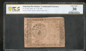 $40 Sept 26, 1778 Continental Currency CC-84 PCGS 30 Very Fine (U16) - Picture 1 of 2
