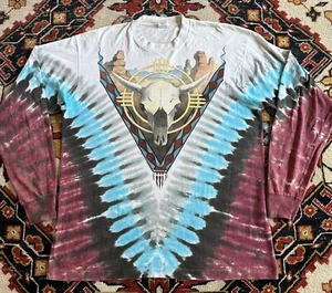 Vtg 90s 1992 Buffalo Skull vintage long-sleeve tye dye shirt size XL liquid blue - Bild 1 von 9