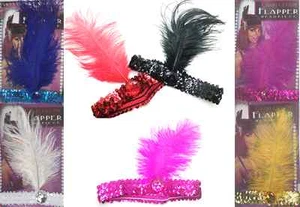 Ladies 20s Sequin Charleston Feather Headband Flapper Fancy Dress Accessories - Picture 1 of 7