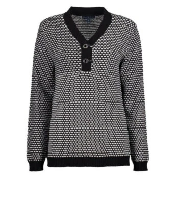 Suéter Karen Scott Mujer Pequeño Blanco y Negro Plata Hardware Henley Cuello en V NUEVO Foto 1 de 2