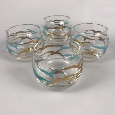 4 x Vintage Atomic ROLY POLY SEAGULL Glasses MCM Turquoise/Gold Barware Federal - Image 1 of 4