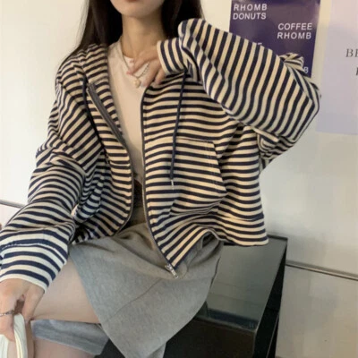 Ladies Girl Stripe Hoodie Jacket Cardigan Harajuku Sweatshirt Zip Casual Fashion - Image 1 of 4
