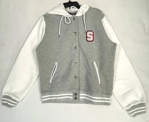 Say What Hooded Sweatshirt Womens Large Snap-Up Letterman Soft Fleece Gray - Picture 1 of 15