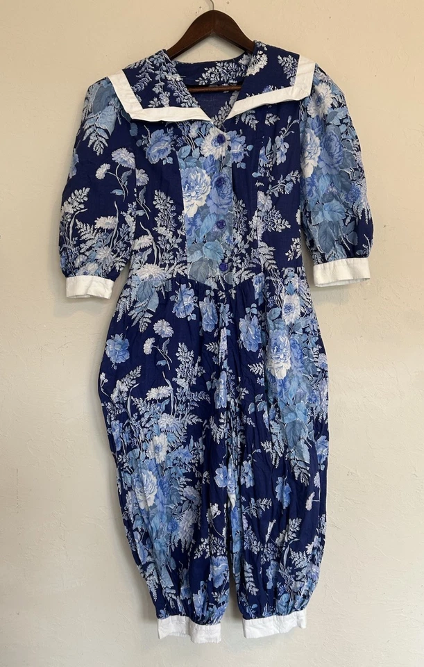 复古 80 年代 90 年代蓝色花卉水手领连身裤气球腿扣 M — 第 1/4 张图片