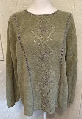 Винтажный женский свитер JENNY размер XL зеленый с вышивкой цветами бисером крючком отделка - Изображение 1 из 4