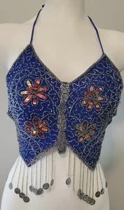 Y2K Beaded Butterfly Vintage Fairycore Backless Fringe Halter Top Whimsical - Picture 1 of 5