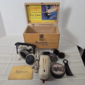 Ronson Roto Shine Magnetic Vintage Electric Shoe Polishing Kit Wood Case 1960's - Picture 1 of 6