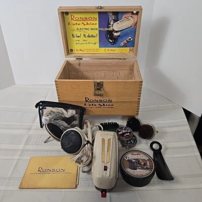 Ronson Roto Shine Magnetic Vintage Electric Shoe Polishing Kit Wood Case 1960's - Image 1 of 4