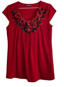 Fashion Fair Size Medium Red Rosette Pleated Women's Short Sleeve Top Shirt - Picture 1 of 7
