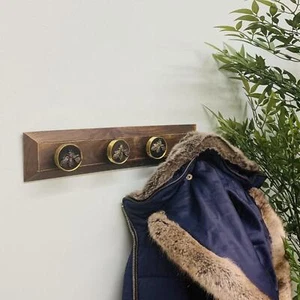 Ganchos para abrigo de abeja montados en la pared 4 ganchos redondos madera miel abejorro metal dorado - Imagen 1 de 4