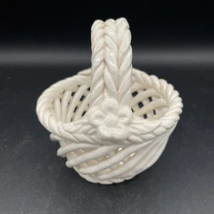 Vintage Lattice Ceramic Pottery Basket - Woven Rope Creamy White Glazed - Spain - Picture 1 of 10