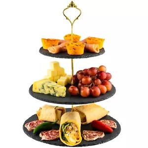 3 in 1 Cake Stand Natural Slate Round Rough Edges Display with Gold Fitting - Picture 1 of 9