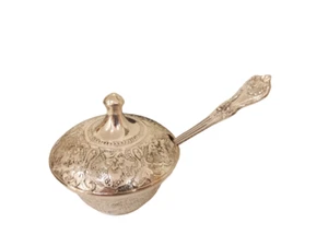 Traditional Engraved Boat with Spoon Incense Storage Silver Plated Case Bowl - Picture 1 of 6