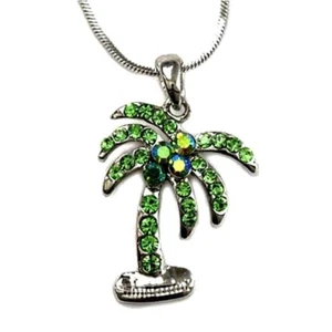 Palm Tree Pendant Necklace 18" Chain Green Rhinestone Crystals - Picture 1 of 1