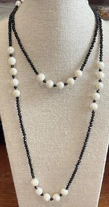 White Freshwater 8mm+ Pearl Wms Black Faceted Crystal Long Necklace 38” Double - Picture 1 of 6