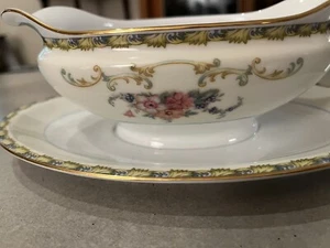 Rare Noritake M N846 Gold Rim Blue Pink Floral Gravy Boat Dish - Picture 1 of 5