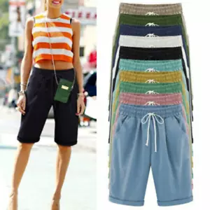 Womens Summer Bermuda Capri Shorts Casual Beach Loose Drawstring Crop Pants Plus - Picture 1 of 18