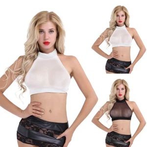 Women's Mesh Sheer See Through Vest Crop Tank Top Halter Neck Bra Tops Clubwear - Picture 1 of 32