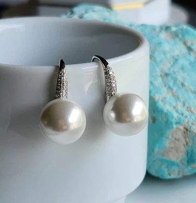 925 Sterling Silver SeaShell 12mm White Pearl  Dangle/Drop Hoop Earrings - Image 1 of 4