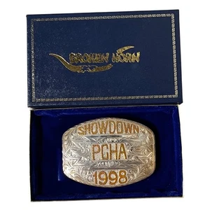 Showdown PCHA 1998 Plata Esterlina Superpuesta Oro Trofeo Cinturón Hebilla Cuerno Roto - Imagen 1 de 7