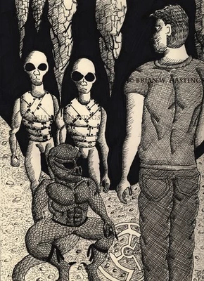 ÚNICO dibujo a tinta “Moradores en la caverna” humanoides alienígenas y criaturas reptiles Foto 1 de 2