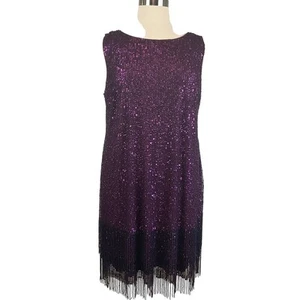 Adrianna Papell Women's Cocktail Dress Size 22W Purple Sequined Fringe Sheath - Picture 1 of 13