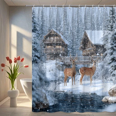 Rustic Cabin Snow Scene with Deer Winter Lodge Forest Shower Curtain Decor - Image 1 of 4