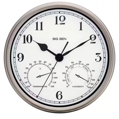 Westclox Outdoor Wall Clock Silver Finish 12 in. Round Metal Frame Thermometer - Image 1 of 4