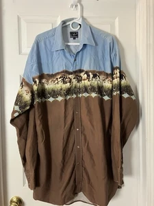 Vintage Roper Western Shirt Pearl Snap Mens 2XLT AOP Horses Prairie Aztec - Picture 1 of 9